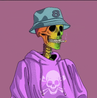 a skeleton wearing a purple hoodie and a hat with the number 8