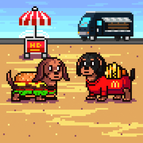 a pixel art illustration of two dachshunds dressed up as hamburgers and mcdonalds fries