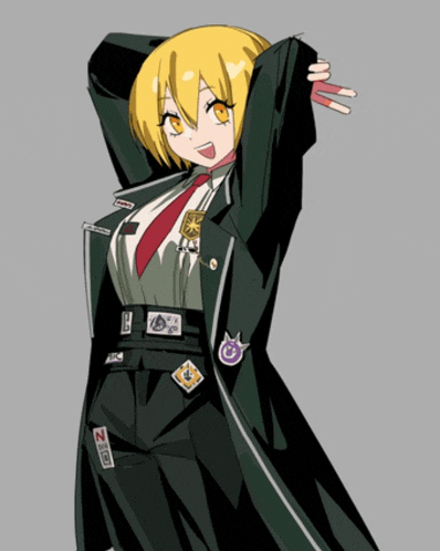a girl with yellow hair is wearing a black suit and tie