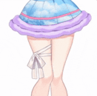 a pixel art of a girl in a blue dress and purple skirt
