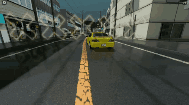 a yellow car is driving down a wet street