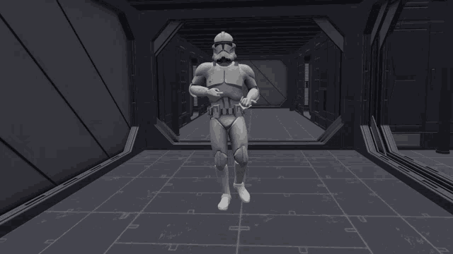 a 3d model of a storm trooper standing in a dark hallway