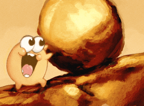 a cartoon drawing of a snail pushing a large rock up a hill