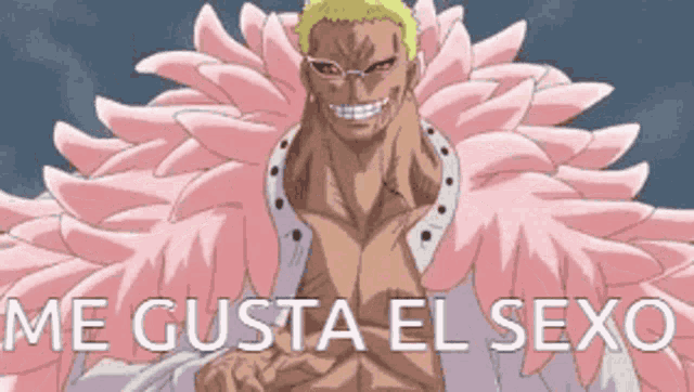 a man in a pink feathered cape with the words me gusta el sexo on the bottom
