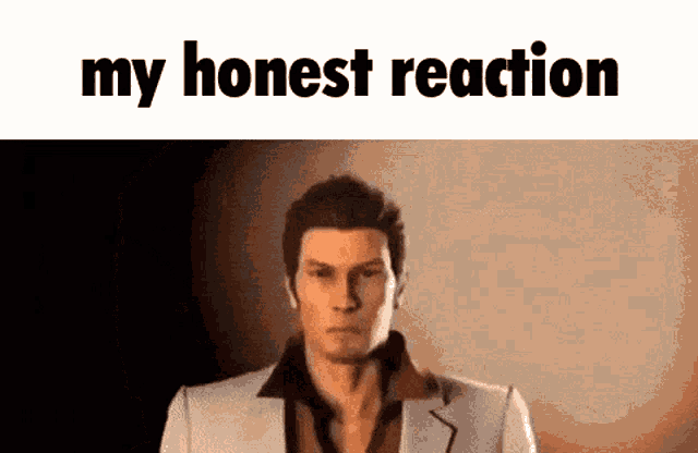 a man in a suit is standing in front of a wall with the words `` my honest reaction '' written on it .