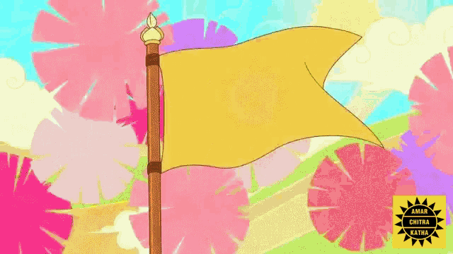 a cartoon drawing of a yellow flag with flowers in the background and a logo for amal chitra katha