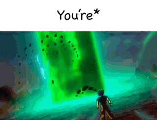 a cartoon of a man standing in front of a green glowing object that says you 're *