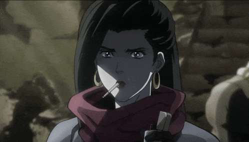 a cartoon of a woman applying lipstick with a red scarf around her neck