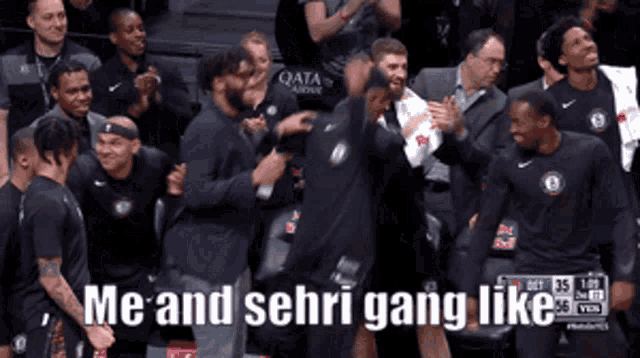 a group of people sitting in a stadium with the words me and sehri gang like above them