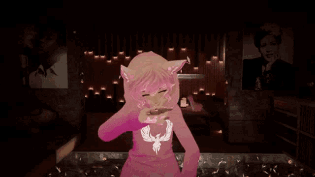 a woman in a pink sweatshirt is dancing in front of a sign that says winter c.