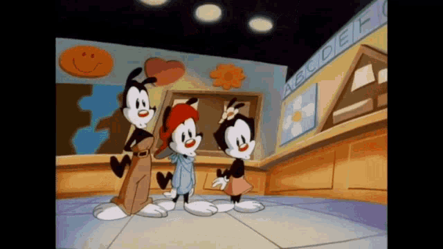 a group of cartoon characters are standing in front of a sign that says abcdef