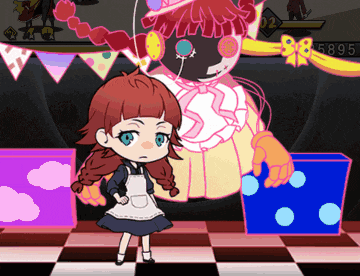 a cartoon of a girl standing next to a clown with the number 5800 on the bottom