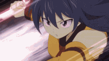a girl with purple hair is holding a red sword