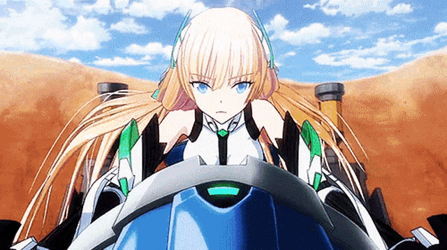 a girl with blonde hair and blue eyes is sitting on a blue motorcycle
