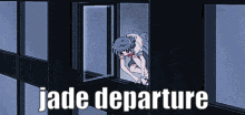 a cartoon of a girl looking out a window with the words jade departure written below her
