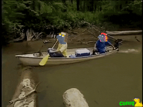 two cartoon characters are in a boat on a river and the bottom of the screen says crayola
