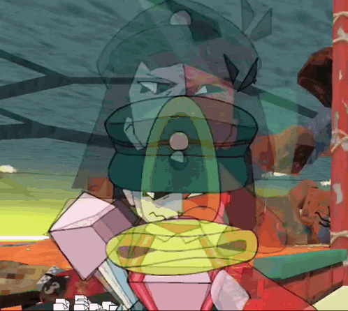a cartoon character is holding a hammer and wearing a green helmet
