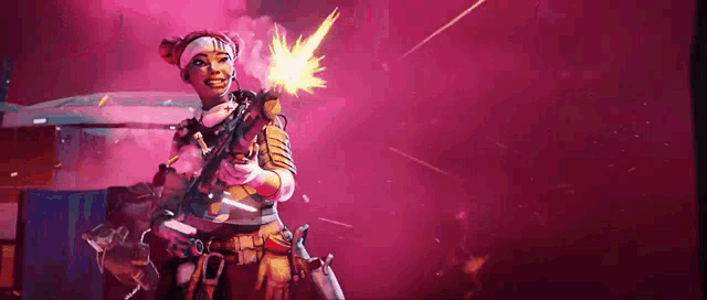 a woman is holding a gun in a video game while standing in front of a pink background .