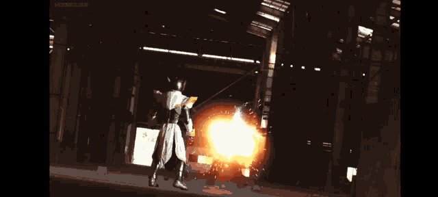 a man in a white suit is holding a sword in front of a large explosion .