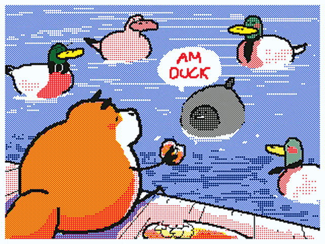a pixel art drawing of a dog looking at ducks and a speech bubble that says am duck
