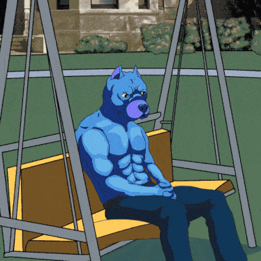 a blue dog is sitting on a swing in a cartoon