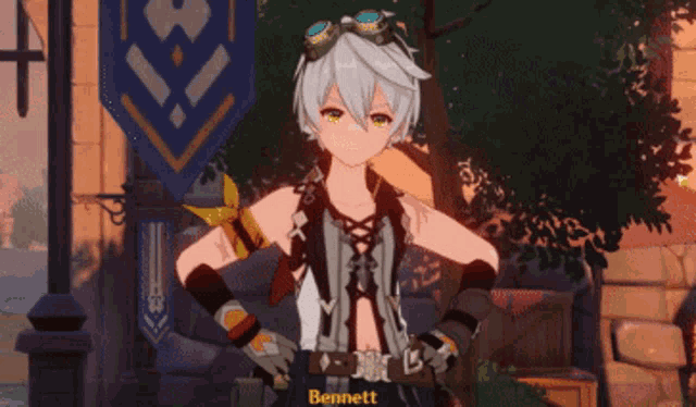 a video game character named bennett is wearing goggles and holding a pipe