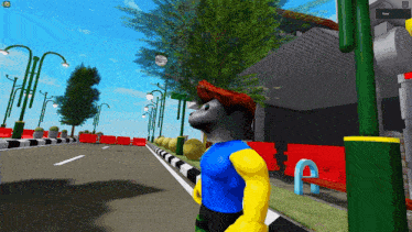 a cartoon character standing on the side of a road with a back button on the screen