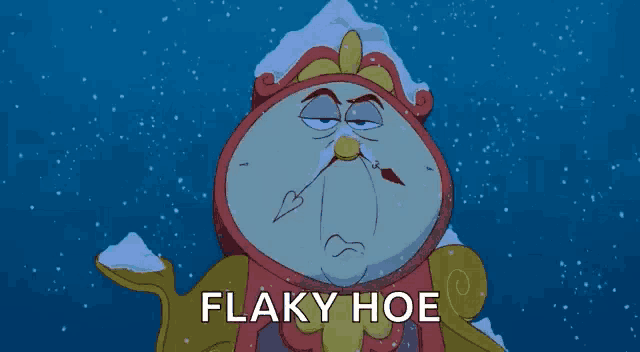 a cartoon of a clock with flaky hoe written below it