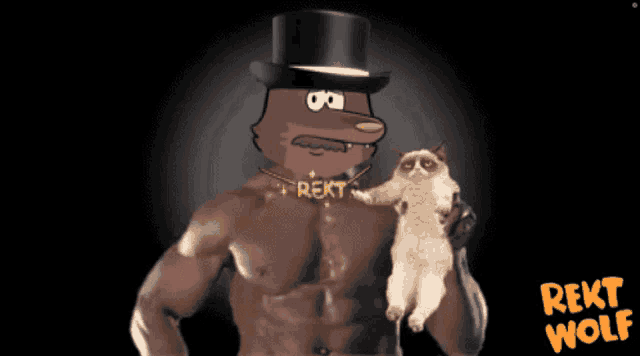 a cartoon of a shirtless man holding a grumpy cat with the word rekt wolf on the bottom right