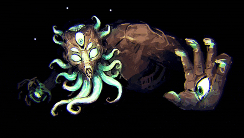 a drawing of a monster with glowing eyes