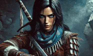 a woman with a scarf around her neck holds a sword