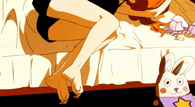 a cartoon of a woman laying on a bed next to a stuffed bunny