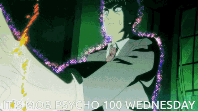 a man in a suit and tie with the words it 's mob psycho 100 wednesday below him