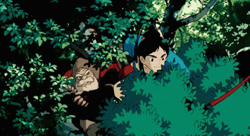 a cartoon drawing of a man and a gnome looking out from behind a bush