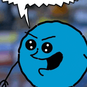 a blue cartoon character with a speech bubble and a lightning bolt coming out of his mouth .