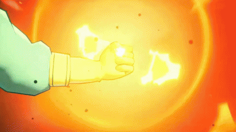 a person 's fist is being thrown in front of a bright orange light