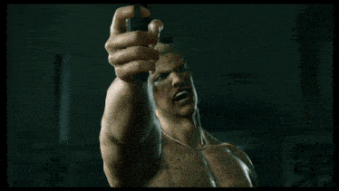 a shirtless man is holding a gun in his right hand