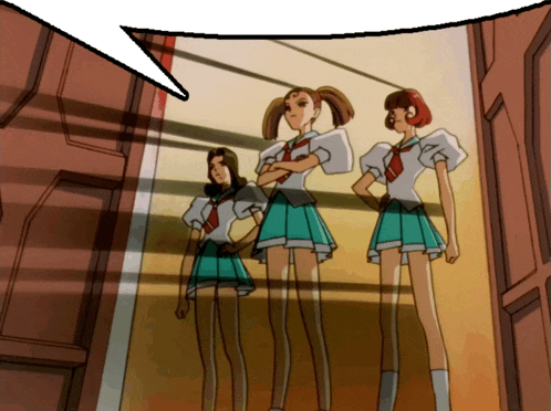three girls in school uniforms stand in front of a door