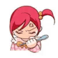 a cartoon girl with red hair is holding a knife in her mouth .