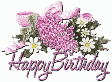 a happy birthday greeting card with flowers and ribbon