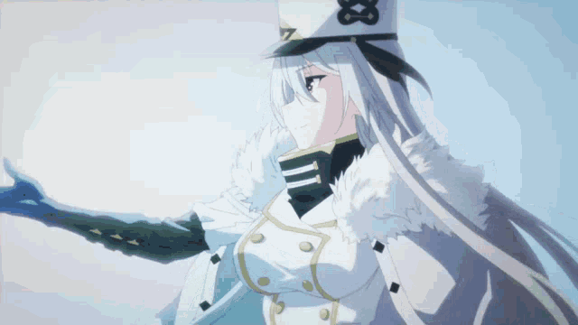 a girl with long white hair is wearing a hat with the letter b on it