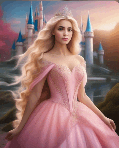 a woman in a pink dress with a tiara on her head is standing in front of a castle