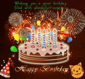a birthday card with a cake and fireworks and wishing you a great birthday filled with wonderful surprises