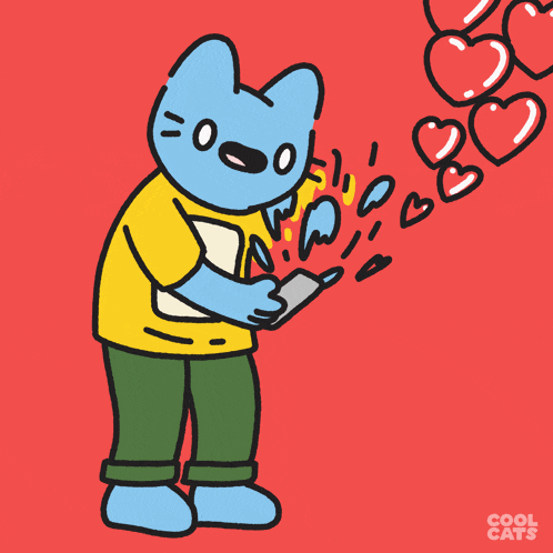 a cartoon of a blue cat with hearts coming out of his chest by cool cats