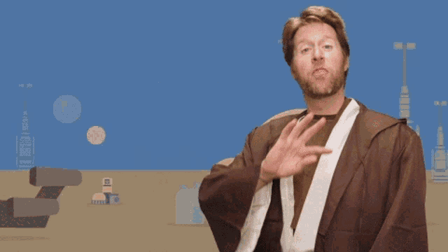 a man in a robe is standing in front of a blue background with the word these above him