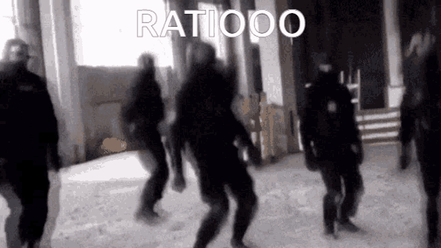 a group of people are dancing in a room with the words ratiooo on the bottom