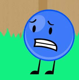 a blue cartoon character with a sad face and legs
