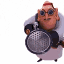 a cartoon character is holding a flashlight in his hand and wearing glasses .