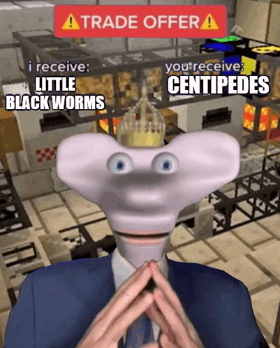 a cartoon character in a suit and tie with a crown on his head says trade offer .