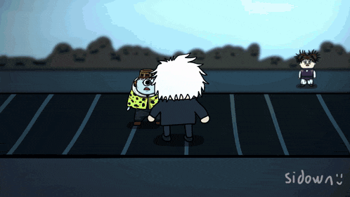 a cartoon drawing of a man standing in a parking lot with the word sideways written on the bottom